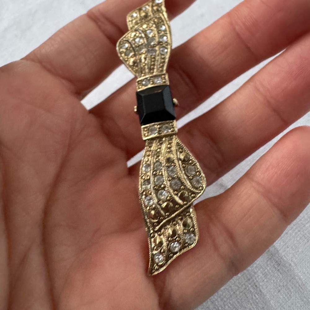 Vintage Hair Barrette Goldtone Black Bow Rhinestone Art Deco France mid-century